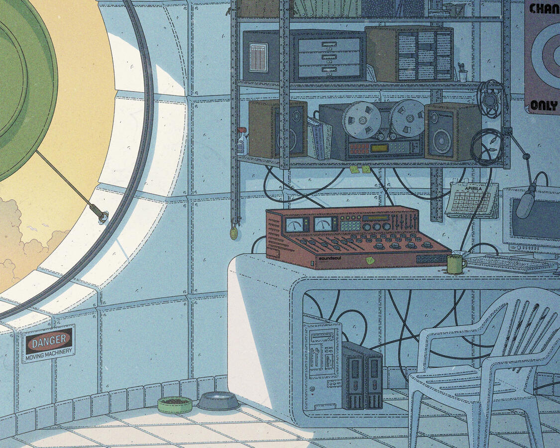 Color illustration of the interior of a brutalist tower, light leaks through a big circular opening on the wall with a golden disc on its center. What it seems the working place of a radio operator can be seen inside. Color illustration of the interior of a brutalist tower, light leaks through a big circular opening on the wall with a golden disc on its center. What it seems the working place of a radio operator can be seen inside.