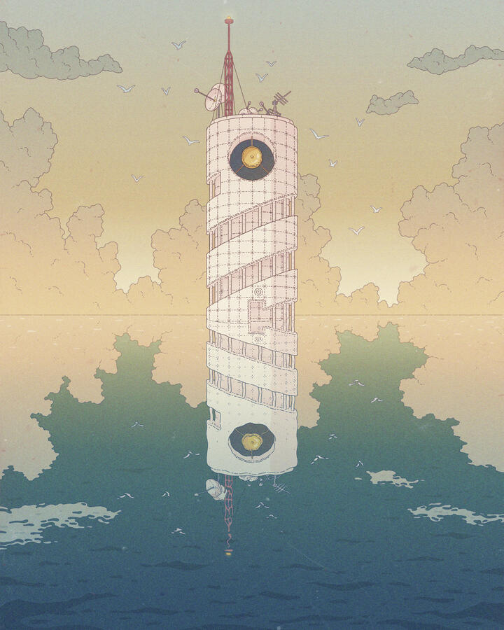 Color illustration of a cylindrical brutalist tower standing on the ocean. The sunset light reflects in on the water like a mirror.