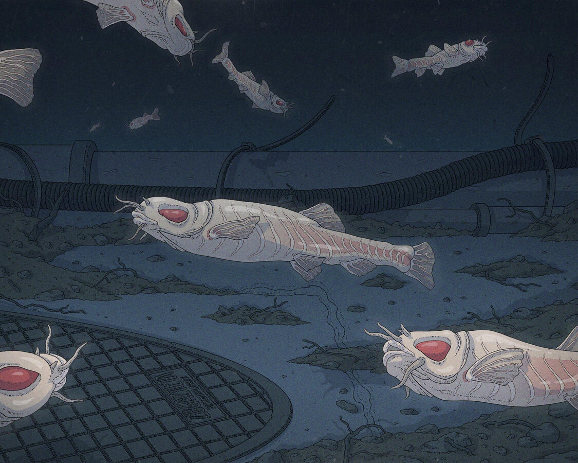 Color illustration of some Garra andruzzii cavefish swimming on a dark, flooded garage. Color illustration of some Garra andruzzii cavefish swimming on a dark, flooded garage.
