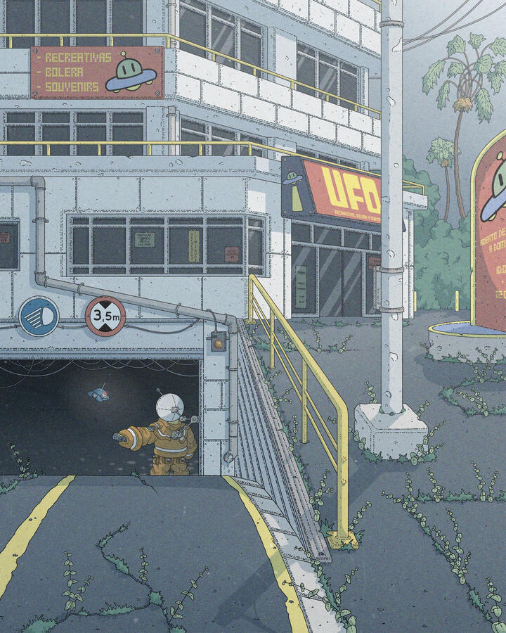 Color illustration of the outside of an arcade and bowling alley. A person in sci-fi looking sailing clothes is entering the subterranean garage, which appears to be flooded.