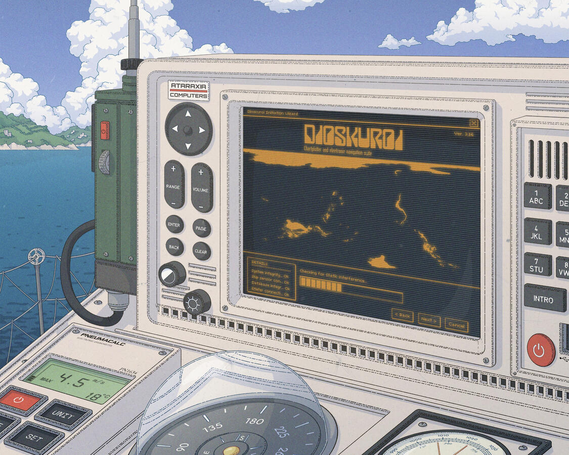 Color illustration showing the navigation instruments panel of a sailboat. A worldmap can be seen in the chartplotter screen, and the coastline is visible in the background.