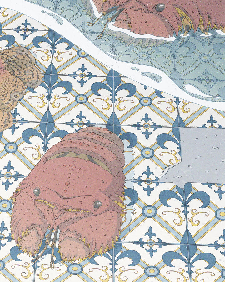 Color illustration of some red slipper lobsters resting atop of a tiled, half flooded floor. The tiles are blue and yellow, with fleur-de-lis flowers drawn on them. Color illustration of some red slipper lobsters resting atop of a tiled, half flooded floor. The tiles are blue and yellow, with fleur-de-lis flowers drawn on them.