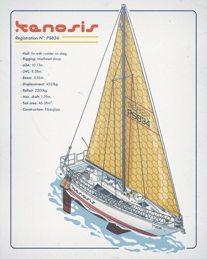 Color illustration of a sailboat with solar sails. The hull is painted white and red, and technical data about it can be seen on the top left corner. Color illustration of a sailboat with solar sails. The hull is painted white and red, and technical data about it can be seen on the top left corner.
