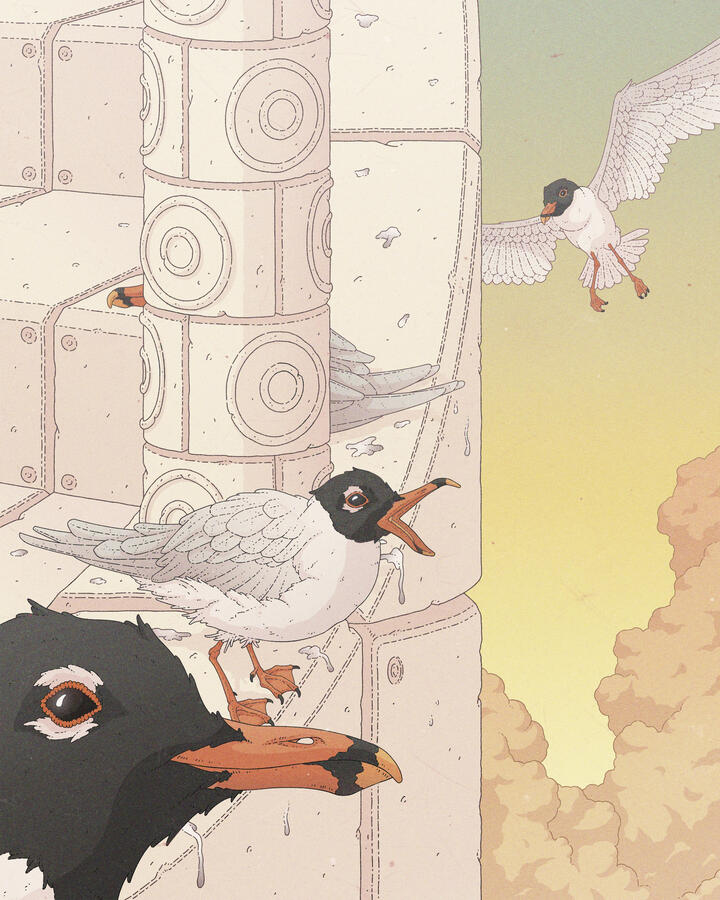 Color illustration of some Mediterranean gulls (Ichthyaetus melanocephalus) on a spiral stair of a brutalist tower. The sunset sky can be seen behind.