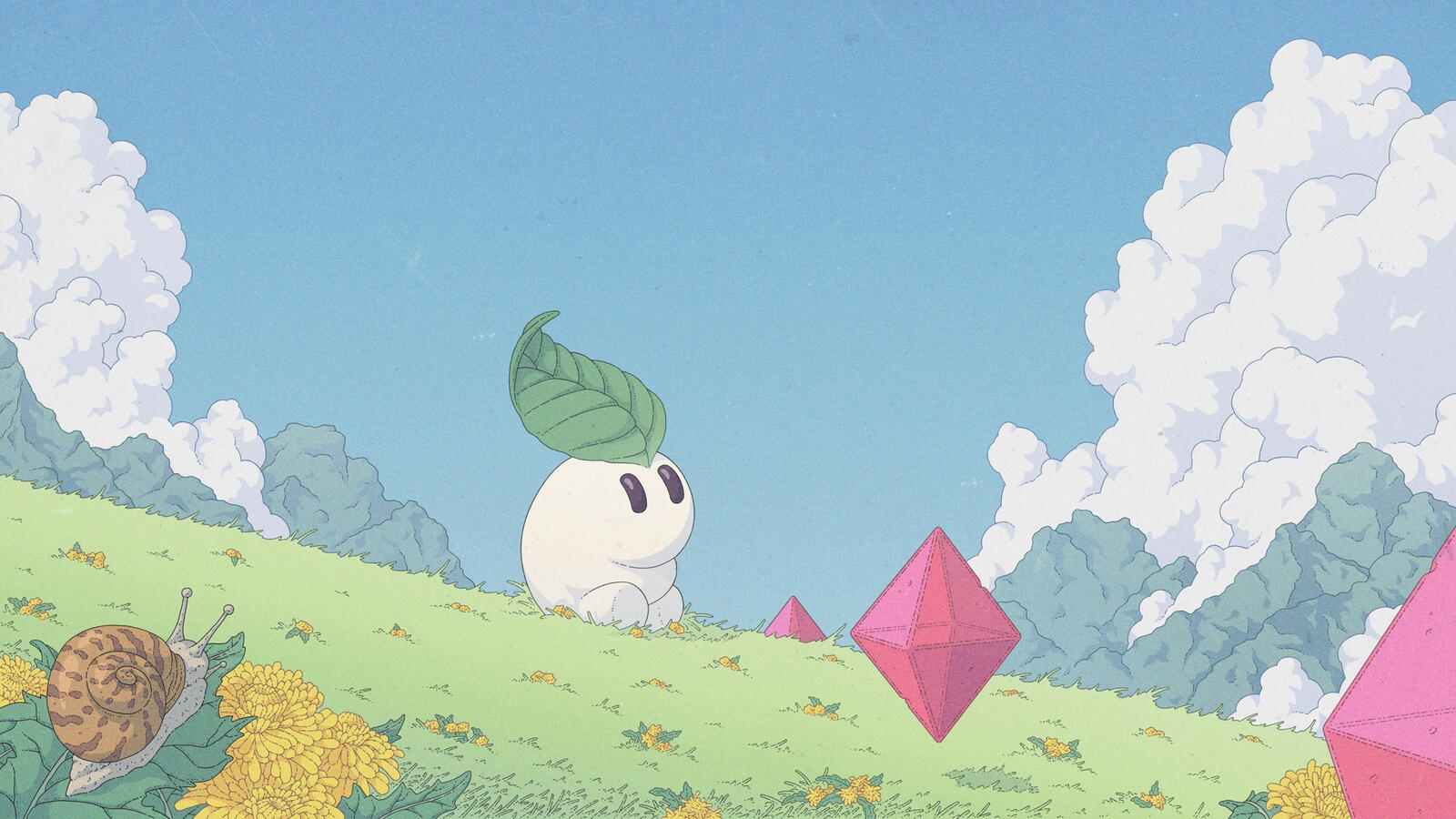 Color illustration of a tiny cute creature with a white body and a leaf on his head standing on a mountain field. Groups of dandelions (one of them with a snail on top) and a line of red floating gems cab bee seen atop the grass.