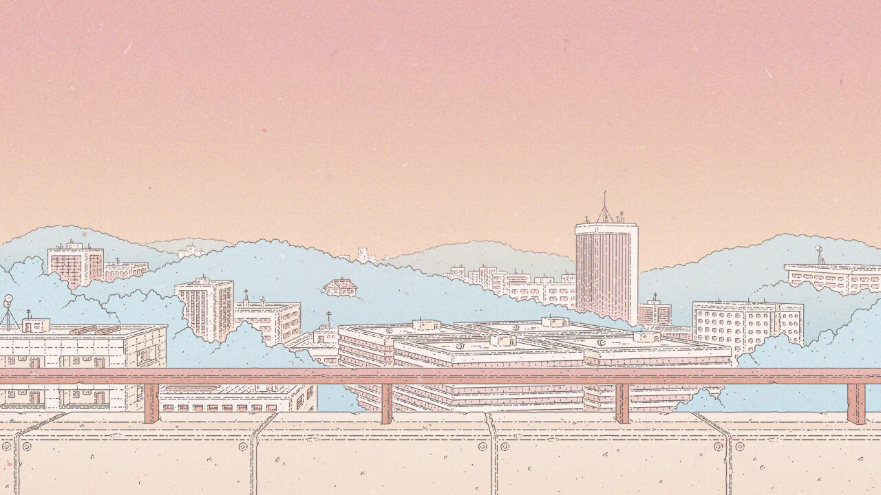 Illustration of a city seen from a rooftop, the buildings are dispersed amist hills filled with trees. The sun is setting down, and the scene is colored in pastel pinks, blues and yellows. Illustration of a city seen from a rooftop, the buildings are dispersed amist hills filled with trees. The sun is setting down, and the scene is colored in pastel pinks, blues and yellows.