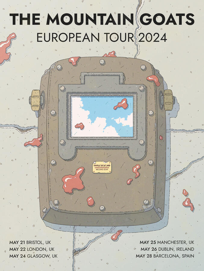 Illustration showing a welding mask laying on a concrete floor, covered in blood. The visor reflects a blue sky with puffy clouds. Illustration showing a welding mask laying on a concrete floor, covered in blood. The visor reflects a blue sky with puffy clouds.