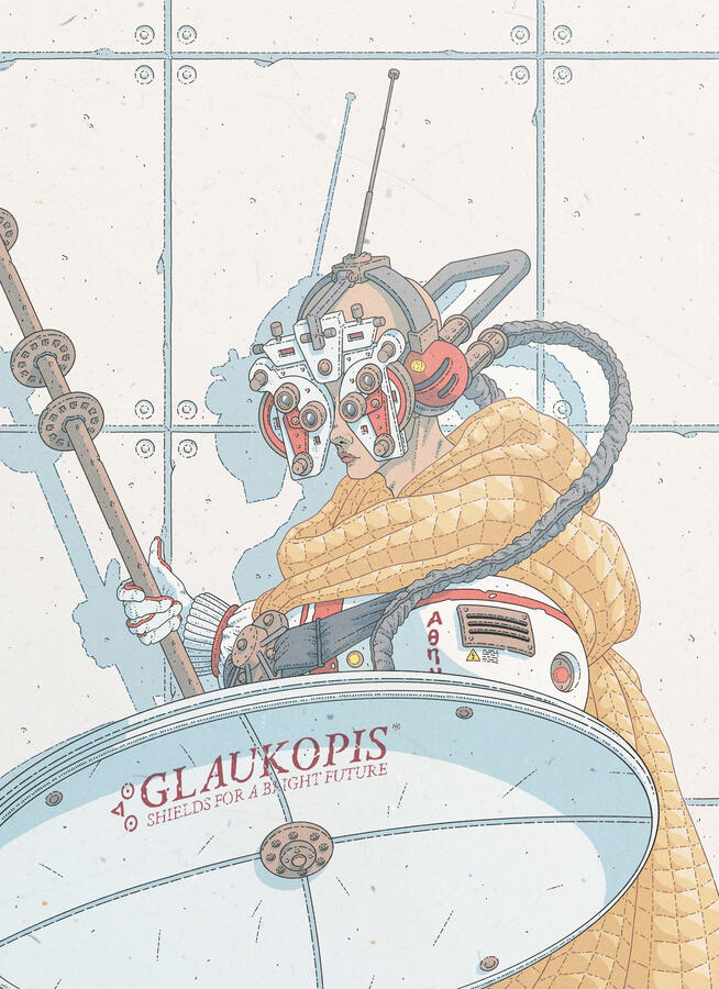 Color illustration, reimagining the painting in a sci-fi setting. Athena is wearing a phoropter, a parabolic antenna as a shield, a scaffolding bar as a spear and a space blanket. She is standing against a concrete wall. Color illustration, reimagining the painting in a sci-fi setting. Athena is wearing a phoropter, a parabolic antenna as a shield, a scaffolding bar as a spear and a space blanket. She is standing against a concrete wall.