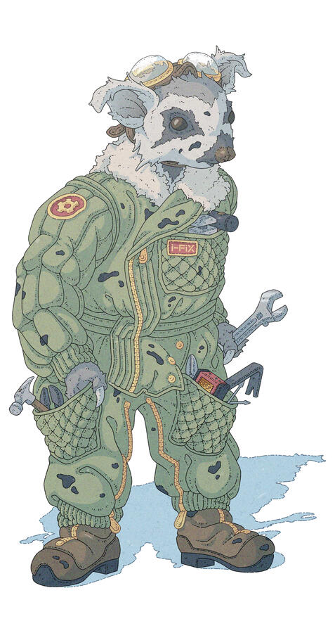 Illustration of a bipedal, sloth/tapir/anteater inspired creature on a mechanic's overalls. They are wearing aviator glasses on their head and holding a wrench on their hand.