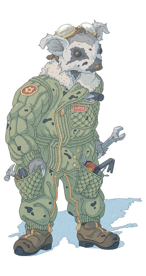 Illustration of a bipedal, sloth/tapir/anteater inspired creature on a mechanic's overalls. They are wearing aviator glasses on their head and holding a wrench on their hand. Illustration of a bipedal, sloth/tapir/anteater inspired creature on a mechanic's overalls. They are wearing aviator glasses on their head and holding a wrench on their hand.