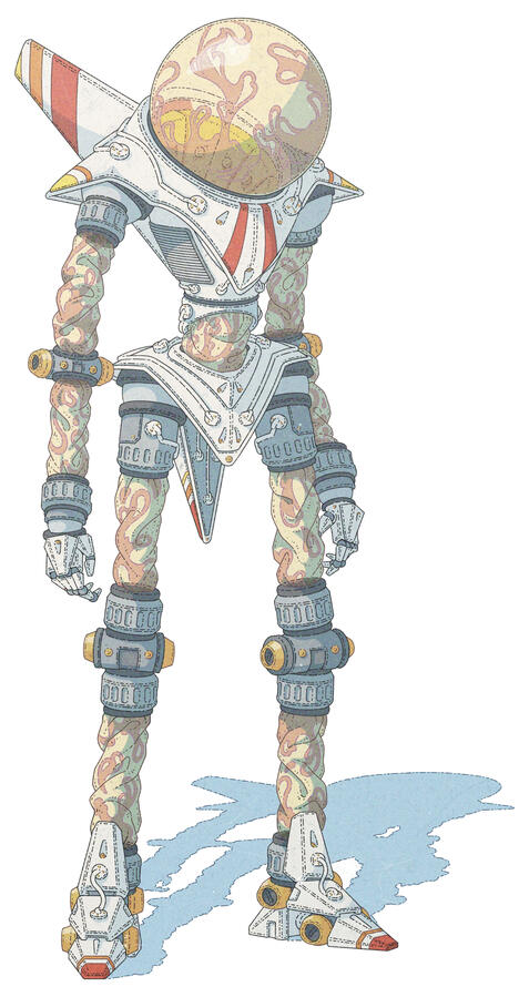 Color illustration of a gas filled armored being. The armor is translucent in parts on the limbs and their spherical head, where said gas can be seen.Untitled Color illustration of a gas filled armored being. The armor is translucent in parts on the limbs and their spherical head, where said gas can be seen.Untitled