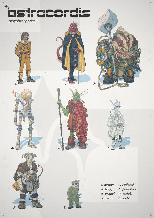 Poster-style illustration showing eight different alien species agains a white background. The title of the game and the name of each one can also be seen.Untitled Poster-style illustration showing eight different alien species agains a white background. The title of the game and the name of each one can also be seen.Untitled