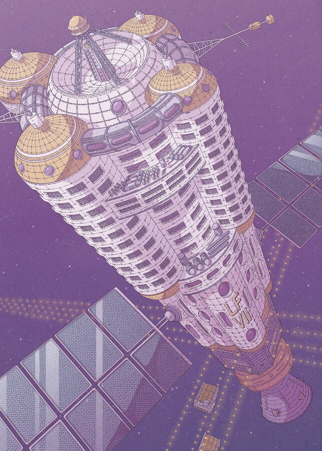 Color illustration, in purple and yellow colors, of a brutalist space station/habitat. Color illustration, in purple and yellow colors, of a brutalist space station/habitat.
