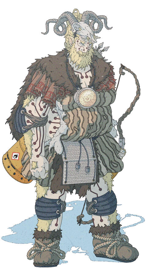 Color illustration of a blonde, pale, big and broad humanoid being. Ty are wearing a mix of prehistoric and futuristic clothes, and a cranium of some kind of horned ruminant on their head. They are carrying a bow too, and their skin is tatooed in a circuit Color illustration of a blonde, pale, big and broad humanoid being. Ty are wearing a mix of prehistoric and futuristic clothes, and a cranium of some kind of horned ruminant on their head. They are carrying a bow too, and their skin is tatooed in a circuit