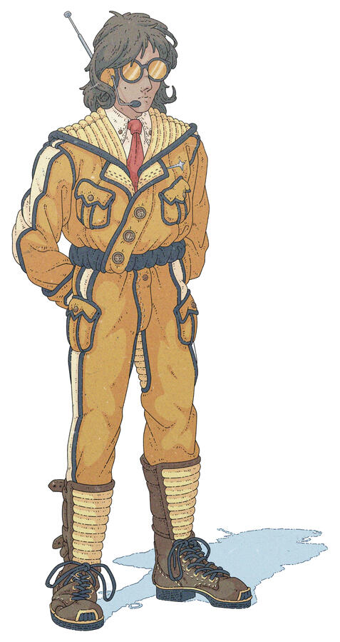 Color illustration of a human, wearing a retrofuturistic orange uniform, reminiscent of a flight suit. They are also wearing orange glasses which cover their eyes. Color illustration of a human, wearing a retrofuturistic orange uniform, reminiscent of a flight suit. They are also wearing orange glasses which cover their eyes.