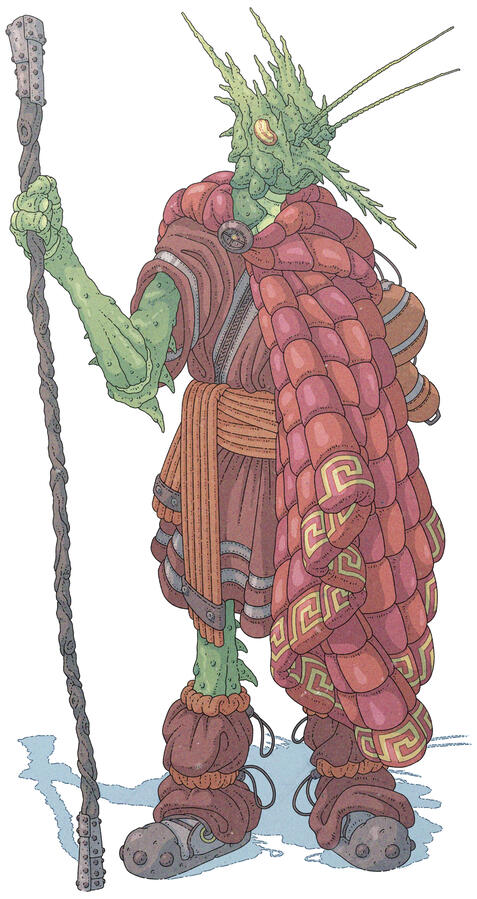 Color illustration of a green humanoid crustacean creature. She's wearing orange and red clothes that resemble a mix of ancient greek and modern seafaring apparel. She also wields a wooden staff reinforced with metal on both ends. Color illustration of a green humanoid crustacean creature. She's wearing orange and red clothes that resemble a mix of ancient greek and modern seafaring apparel. She also wields a wooden staff reinforced with metal on both ends.