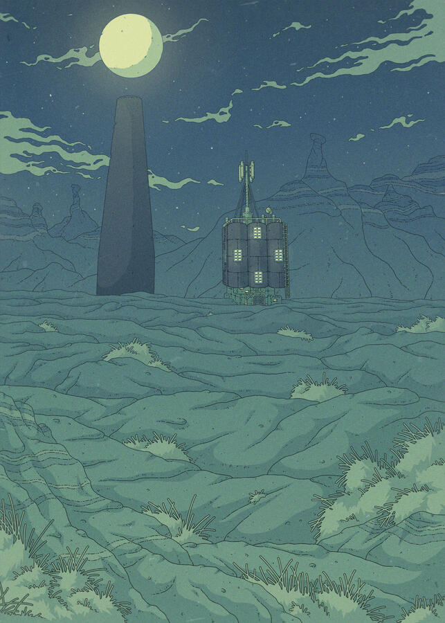 Illustration in green and blue tones, showing a rocky desert at night. On it, a brutalist building and a tall, monolith-like structure stand side by side. On top of the monolith there's a bright sphere, which at first could be mistaken by a moon on the sky Illustration in green and blue tones, showing a rocky desert at night. On it, a brutalist building and a tall, monolith-like structure stand side by side. On top of the monolith there's a bright sphere, which at first could be mistaken by a moon on the sky