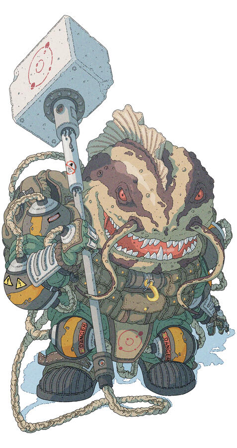 Color illustration of a massive, bipedal, fish-amphibian looking being. They are wearing a kind of military exoskeleton-armor and carrying a massive hammer on their shoulder. Color illustration of a massive, bipedal, fish-amphibian looking being. They are wearing a kind of military exoskeleton-armor and carrying a massive hammer on their shoulder.