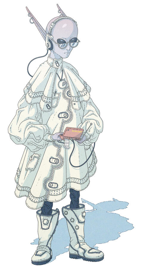 Color illustration of a kind-of-classical-alien looking being, with really pointy ears. They are wearing futuristic lab clothing and carrying some kind of portable electronic device on their hands. Color illustration of a kind-of-classical-alien looking being, with really pointy ears. They are wearing futuristic lab clothing and carrying some kind of portable electronic device on their hands.