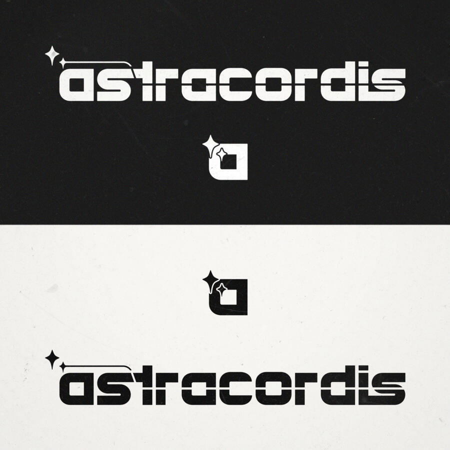 Square image divided in two horizontal halves, one black and one white. The logos are laid over them in the opossite colors. There are two versions of the logo: one spelling the whole word, with two stars on the left and their tail striking the word on two Square image divided in two horizontal halves, one black and one white. The logos are laid over them in the opossite colors. There are two versions of the logo: one spelling the whole word, with two stars on the left and their tail striking the word on two