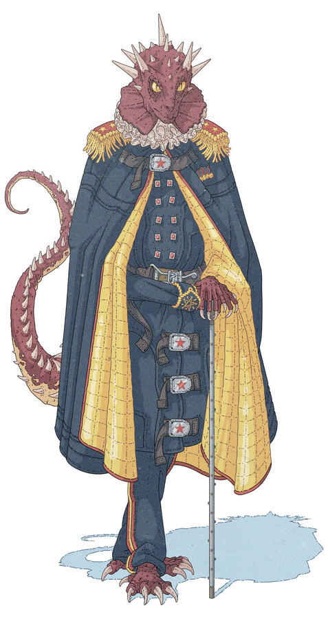 Color illustration of a reptile-like humanoid creature in military attire. They have red skin, a regal aspect and a cane to support themselves.
