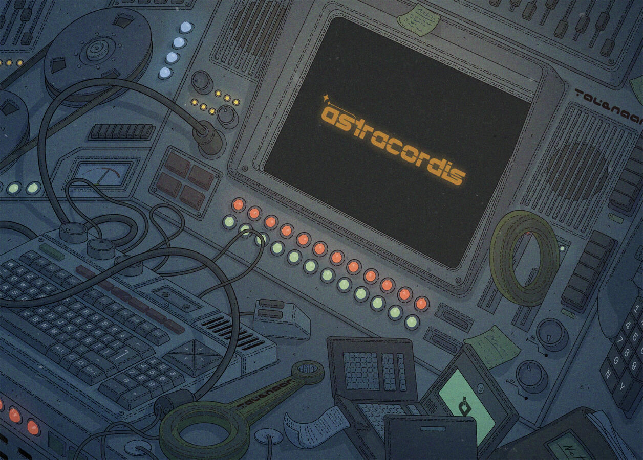 Color illustration of a spaceship desk, filled to the brim with retrofuturistic tech. The monitors and lights of the panels light up the scene, and the logo of the game can be seen on the screens. Color illustration of a spaceship desk, filled to the brim with retrofuturistic tech. The monitors and lights of the panels light up the scene, and the logo of the game can be seen on the screens.