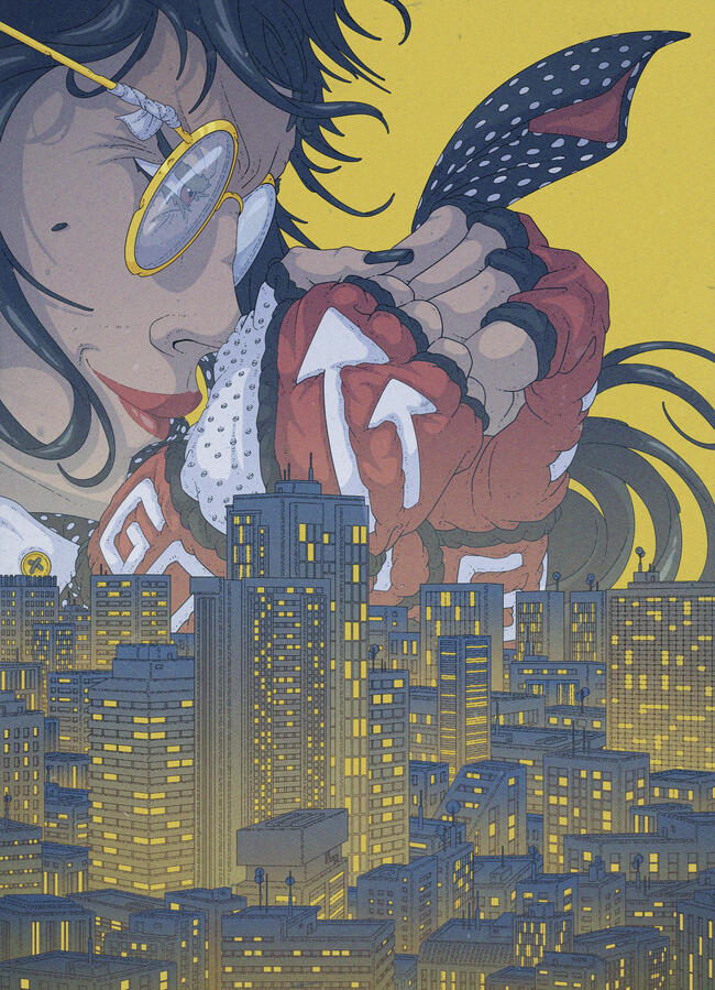 Color illustration of an office working woman, with her fighting-glove-fitted fist rised and ready to fight. We see her from above the neck, and the bottom half of the image is filled by a view of a city. Color illustration of an office working woman, with her fighting-glove-fitted fist rised and ready to fight. We see her from above the neck, and the bottom half of the image is filled by a view of a city.