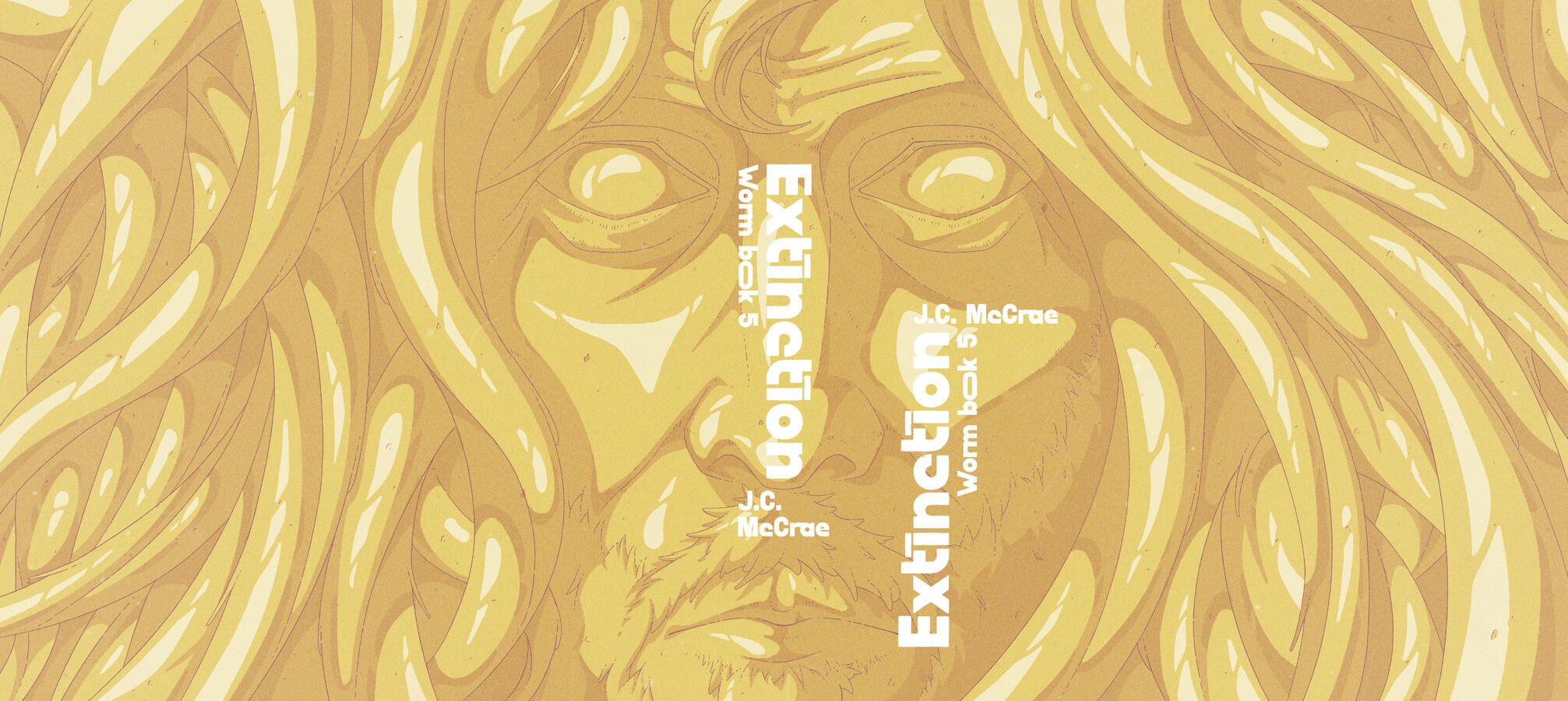 Color illustration of the face of a long-haired, short-bearded golden man seen from the front in perfect symmetry.