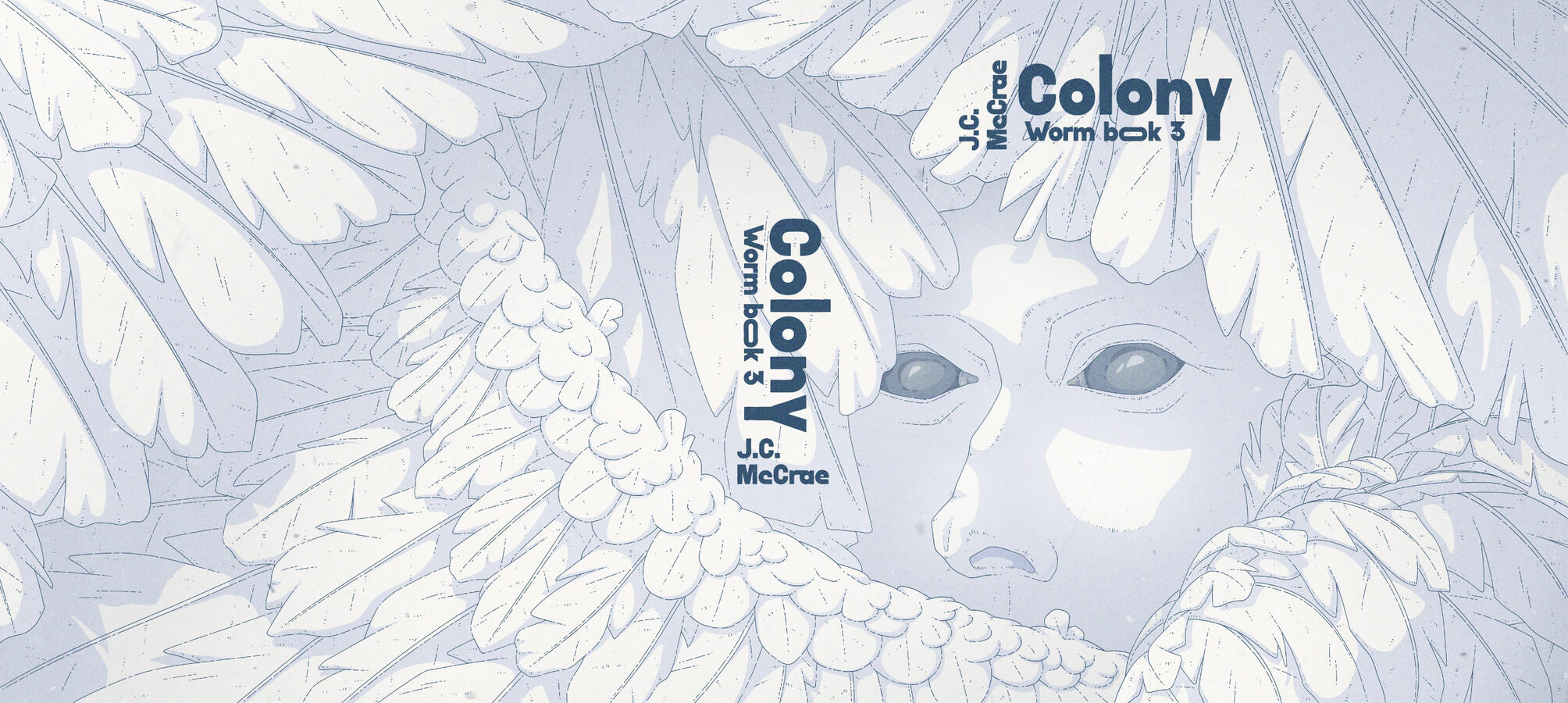 Color illustration, in white and blue tones, of closeup on an angelic figure surrounded by her own wings.