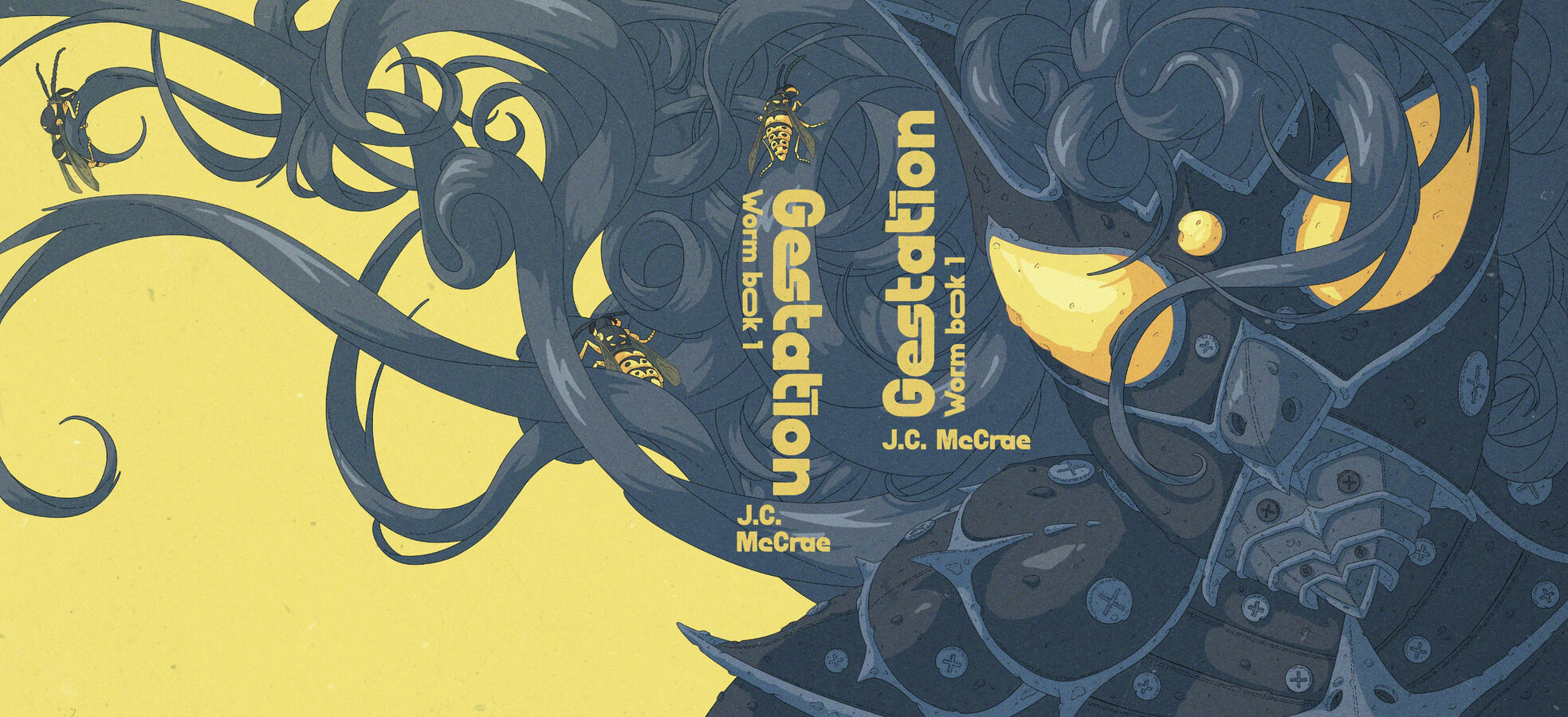 Color illustration showing a girl with dark blue hair and insect-like armor against a yellow background. She has wasps on her body, and the glasses of her helmet are yellow too. Color illustration showing a girl with dark blue hair and insect-like armor against a yellow background. She has wasps on her body, and the glasses of her helmet are yellow too.