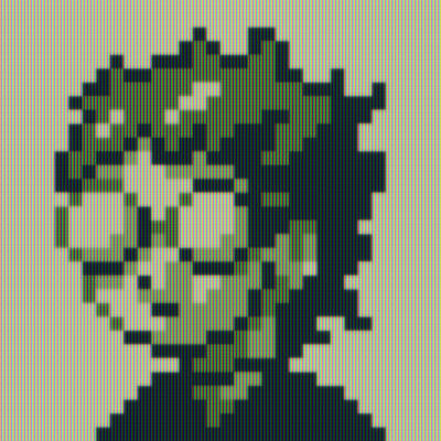 Pixel art drawing, with a Game Boy palette, of a very cute girl with round glasses, short black hair, a black t-shirt and a choker. A CRT filter has been applied.