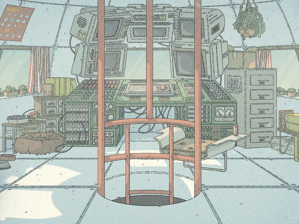 Panel of a comic page, showing some sort of control room inside a dome.