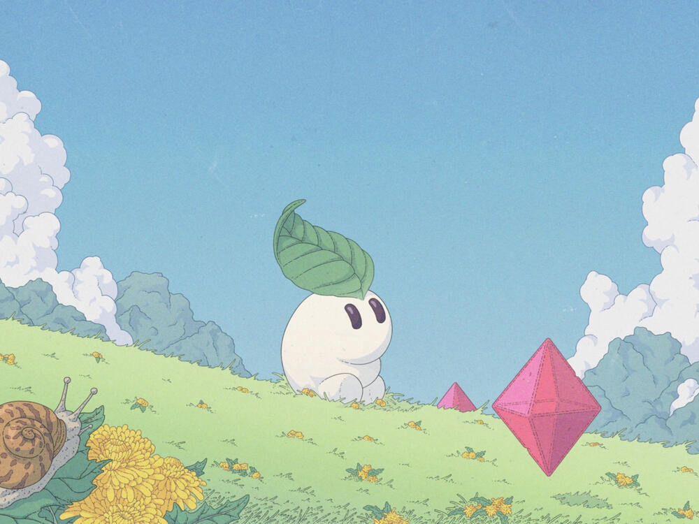 Color illustration of a tiny cute creature with a white body and a leaf on his head standing on a mountain field. Groups of dandelions (one of them with a snail on top) and a line of red floating gems cab bee seen atop the grass.