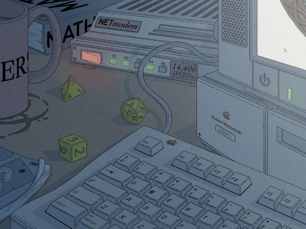 Color illustration of how imagine Geneforge's creator's, Jeff Vogel's, desktop would loook like. A Macintosh PC, an old router, a D&D manual.... and a computer screen with the game's logo on it can be seen.