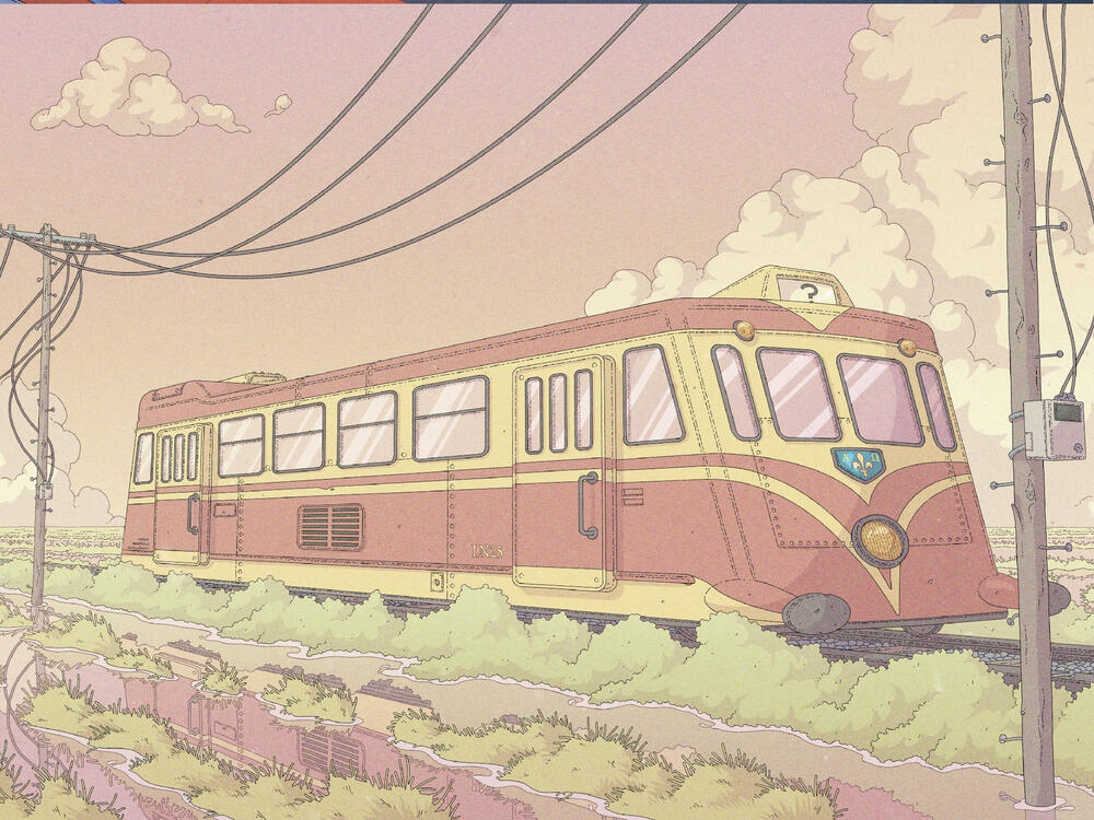 Color illustration of an old train riding over a rice-field at sunrise.